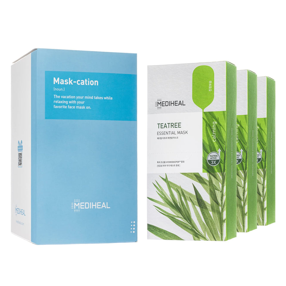 MEDIHEAL front pack view showing 30-mask jumbo set and quick benefit