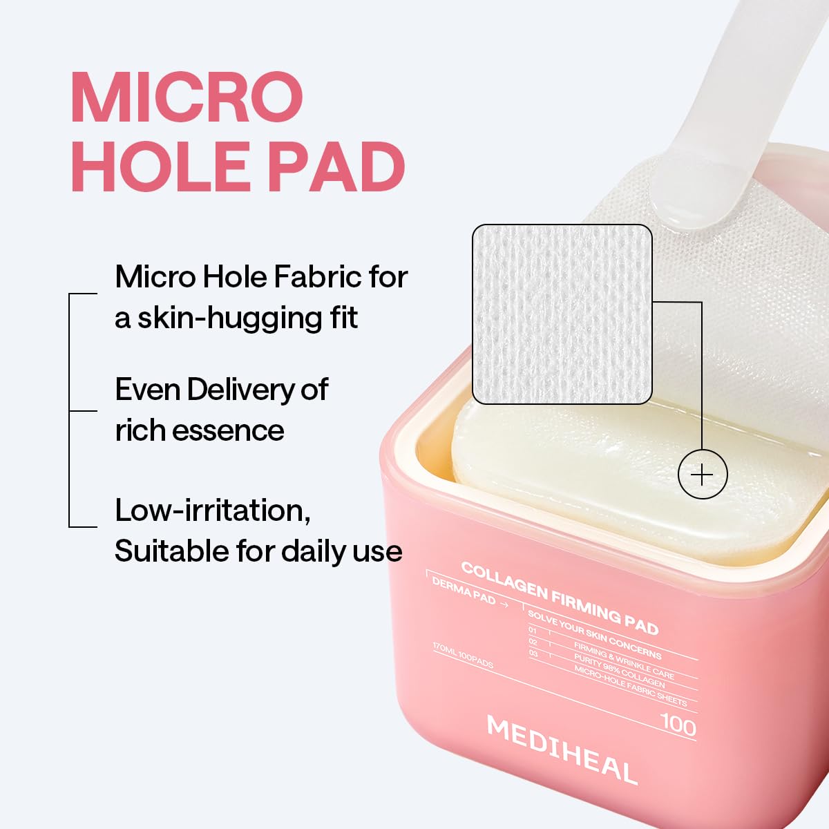 MEDIHEAL dispensing lid close-up for controlled pad removal and freshness