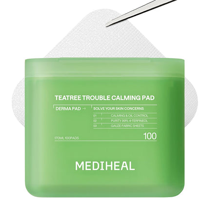 MEDIHEAL front packaging showing 100-count calming tea tree pads for quick use