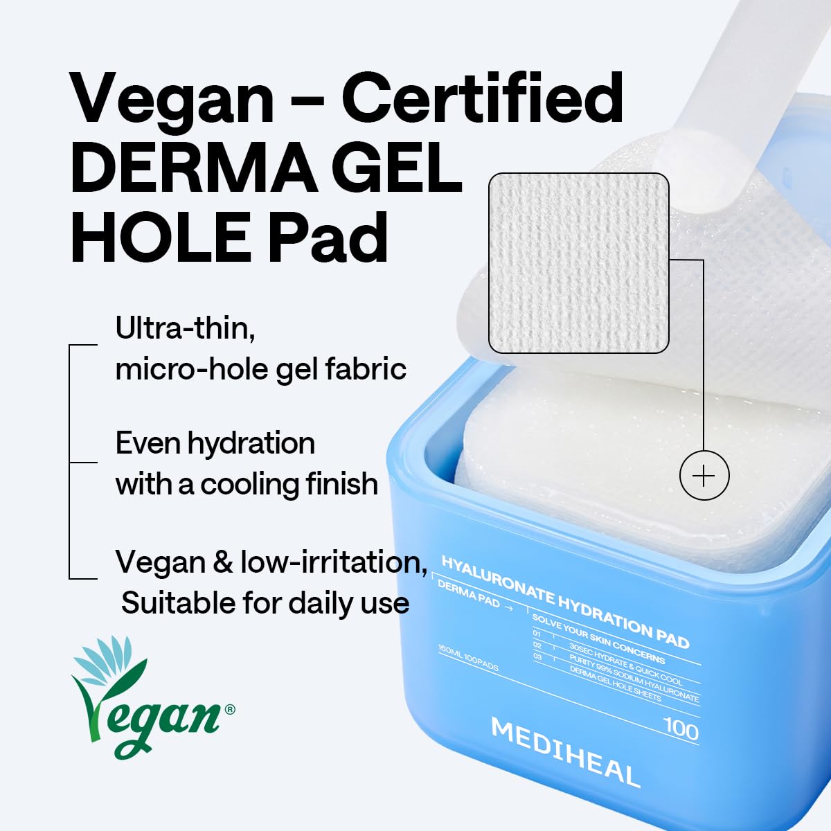 MEDIHEAL pad applied to cheek illustrating targeted hydration benefit