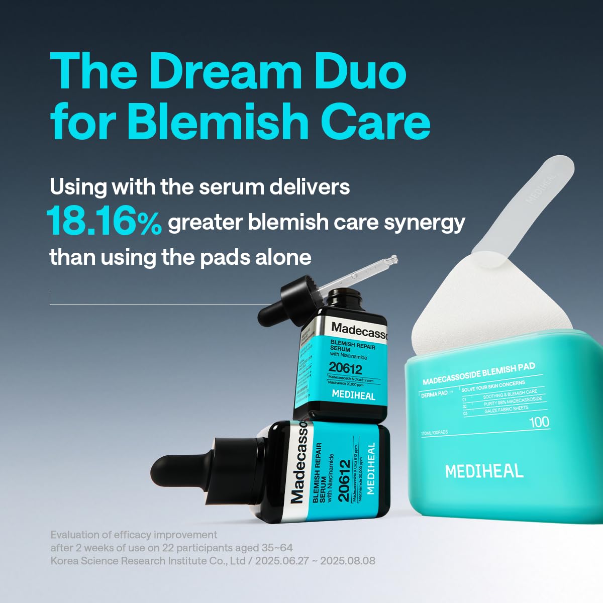 MEDIHEAL ingredient display with Centella bottle indicating calming botanical benefit
