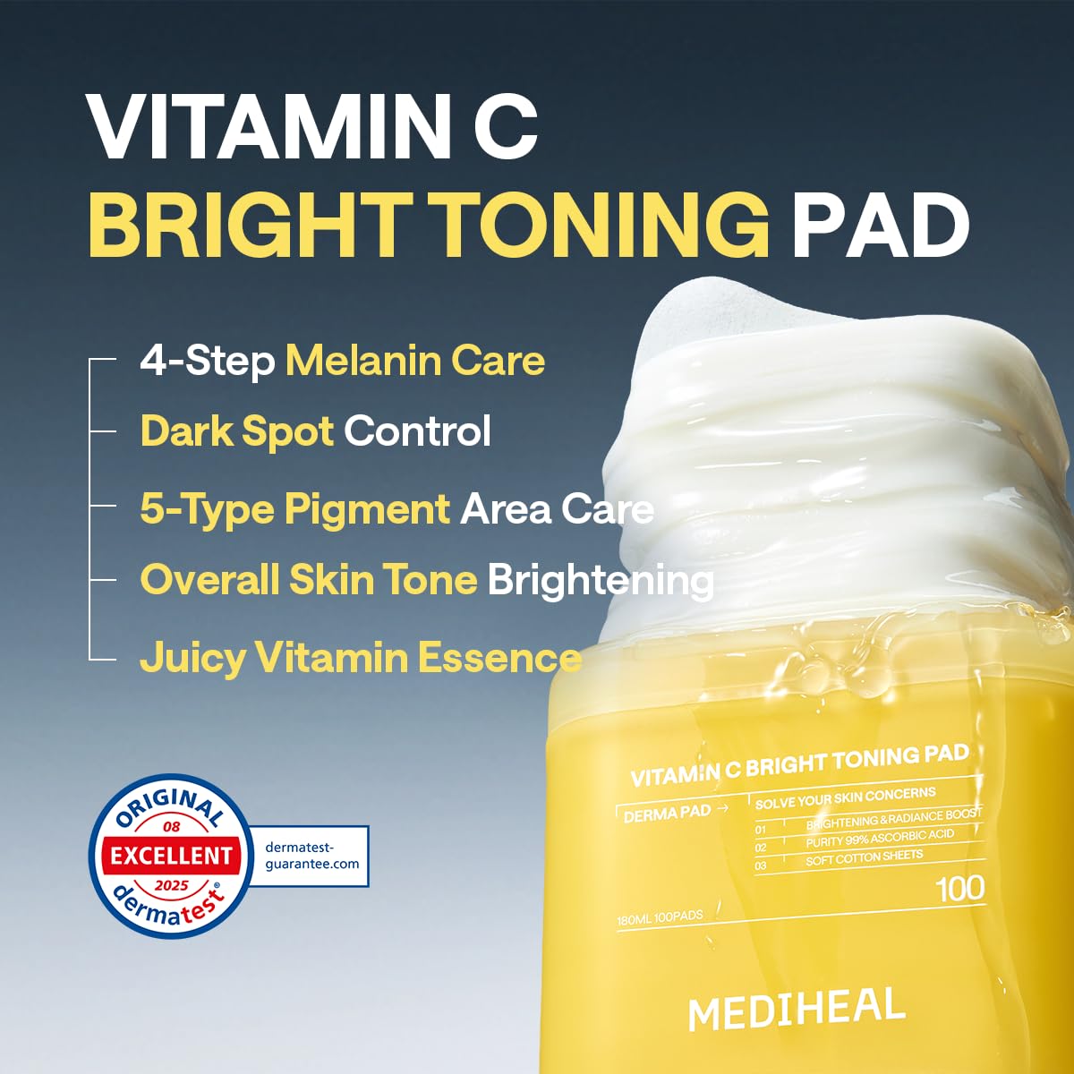MEDIHEAL ingredient label close-up emphasizing vitamin C and niacinamide