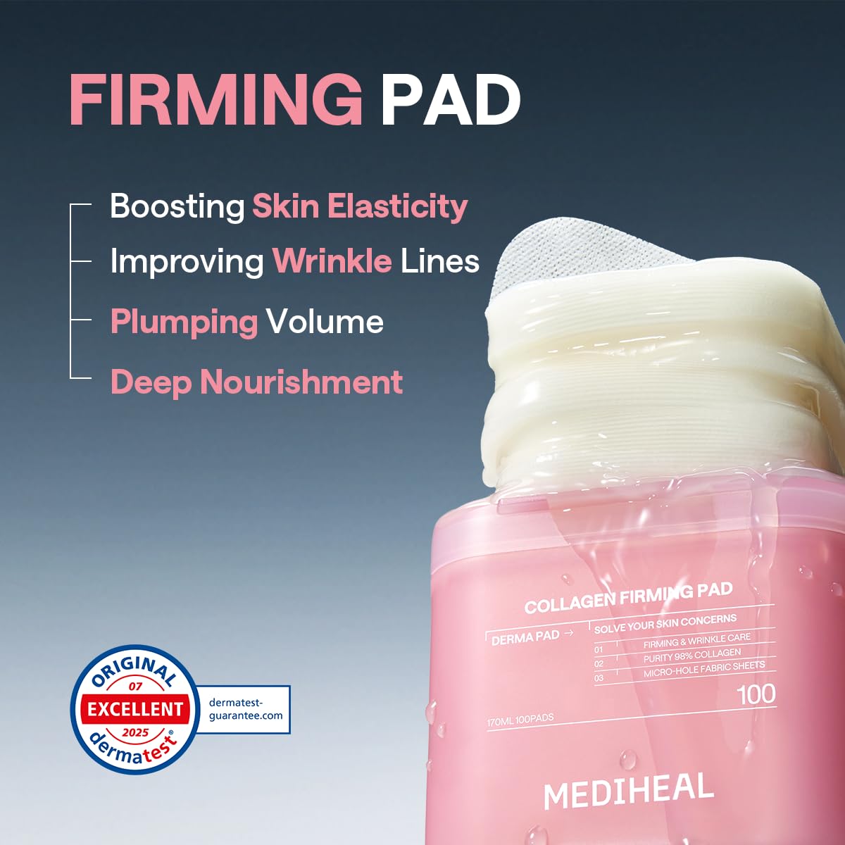 MEDIHEAL pad held in hand to show scale and easy, single-step use