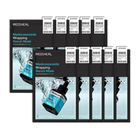 MEDIHEAL front packaging of Wrapping Serum Mask showing product name and calming benefit