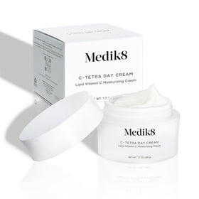 Medik8 jar on a bathroom shelf in morning routine setting promoting daily use