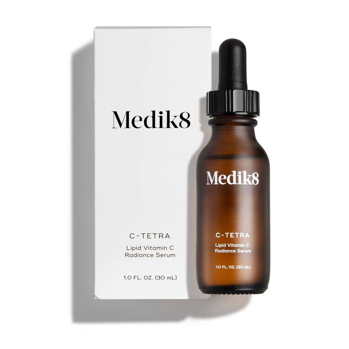 Medik8 front packaging showing the bottle and branding, clear product presentation benefit