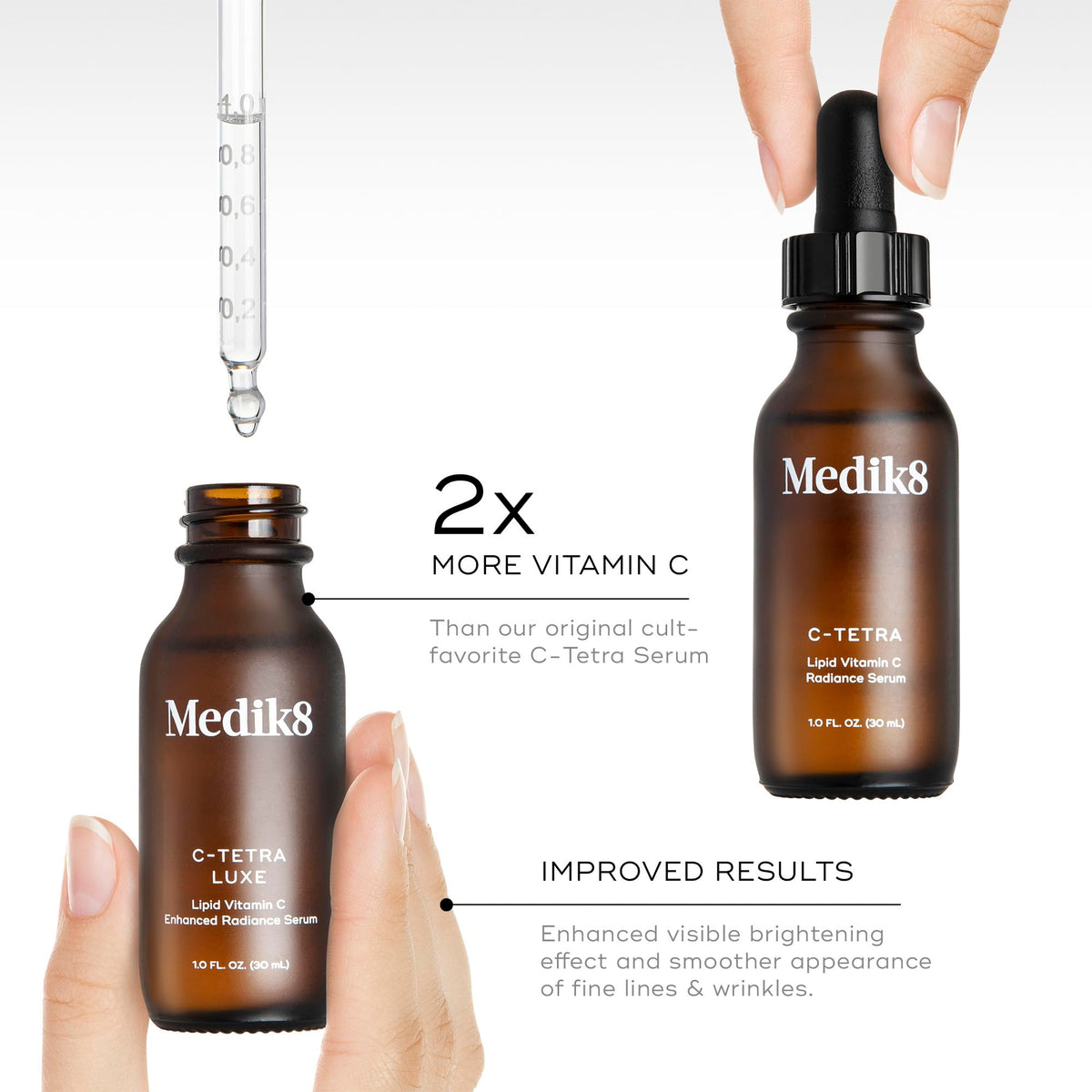 Medik8 bottle staged with moisturizer and SPF demonstrating morning layering