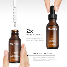 Medik8 bottle staged with moisturizer and SPF demonstrating morning layering