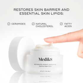 Medik8 cream on fingertip demonstrating spreadability and lightweight absorption