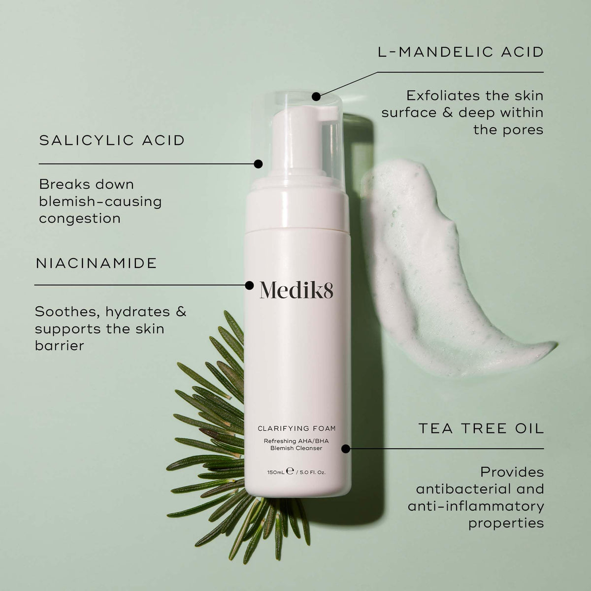 Medik8 pump dispensing foam showing creamy texture and lightweight consistency benefits