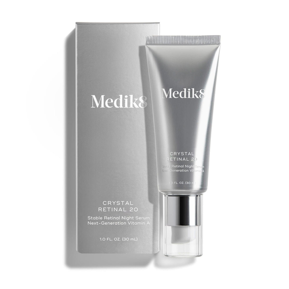 Medik8 Crystal Retinal 20 front bottle showing label and firming serum benefits
