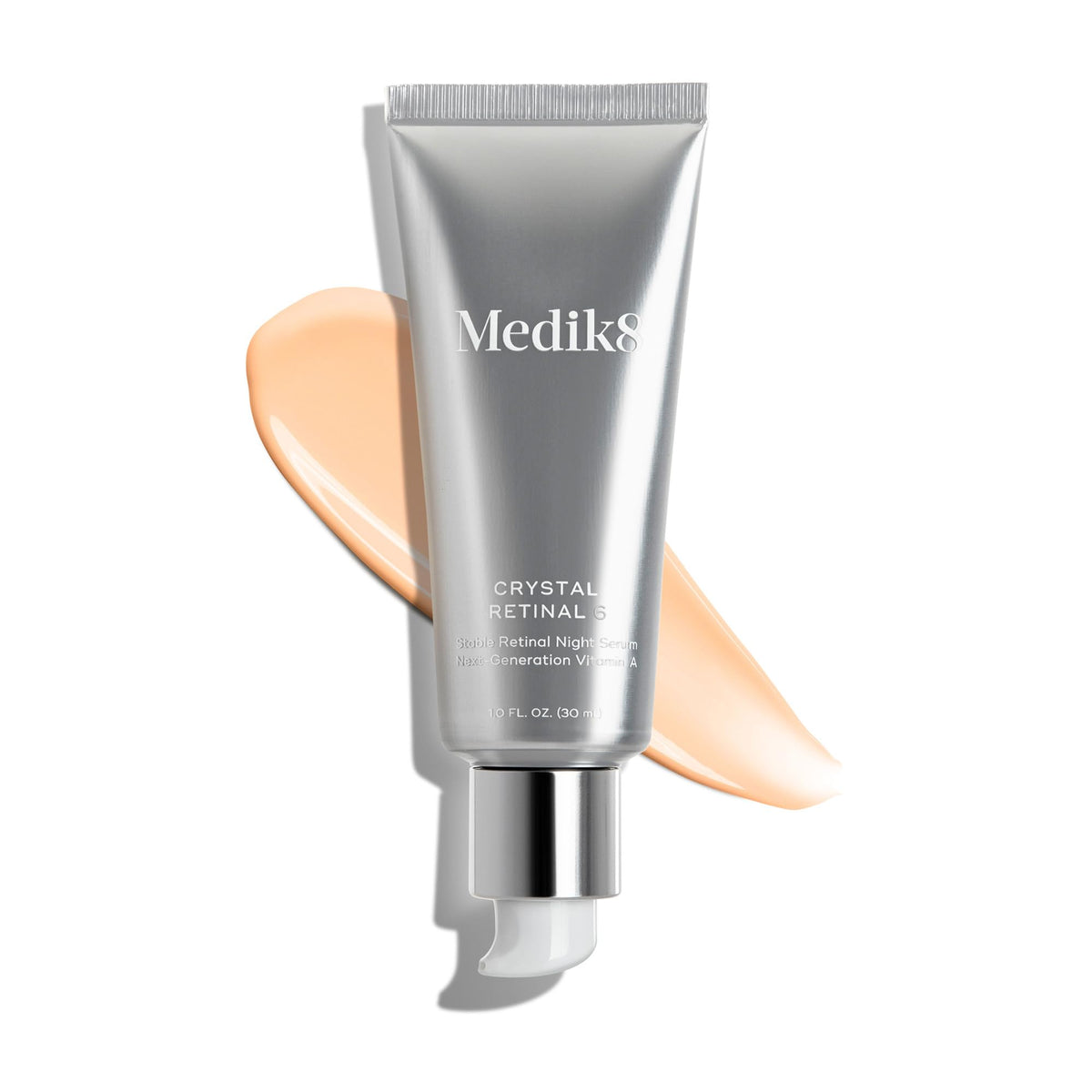 Medik8 Crystal Retinal 6 on bathroom shelf in nighttime routine setting promotes bedtime use