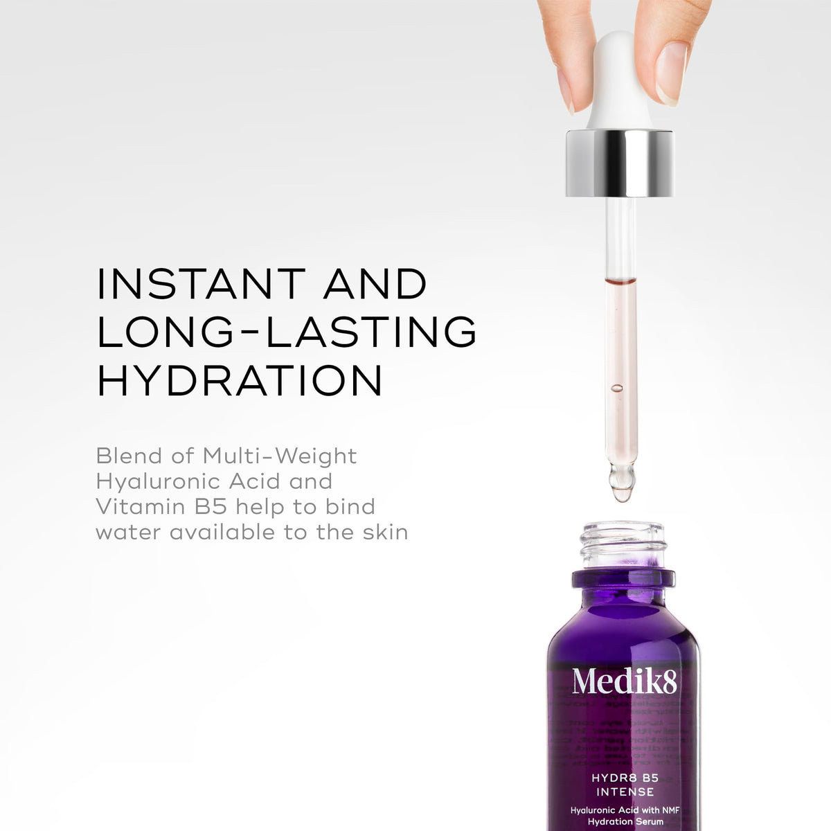 Medik8 pipette droplet over hand illustrating concentrated hydration boost