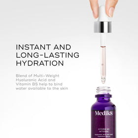 Medik8 pipette droplet over hand illustrating concentrated hydration boost