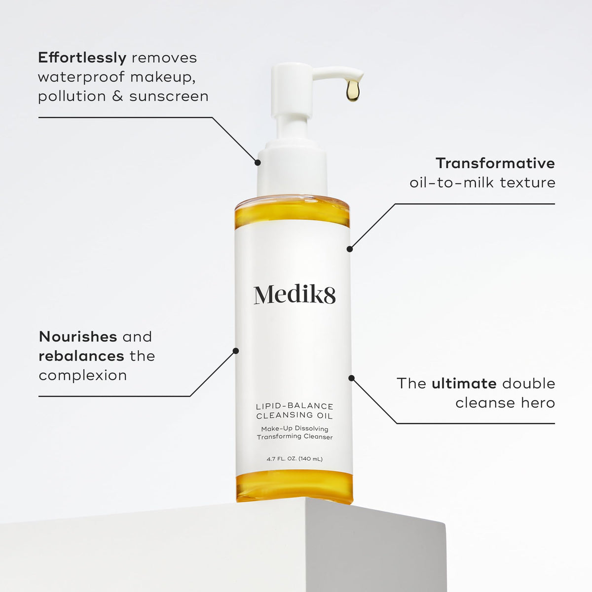 Medik8 pump dispensing oil highlighting easy, controlled application