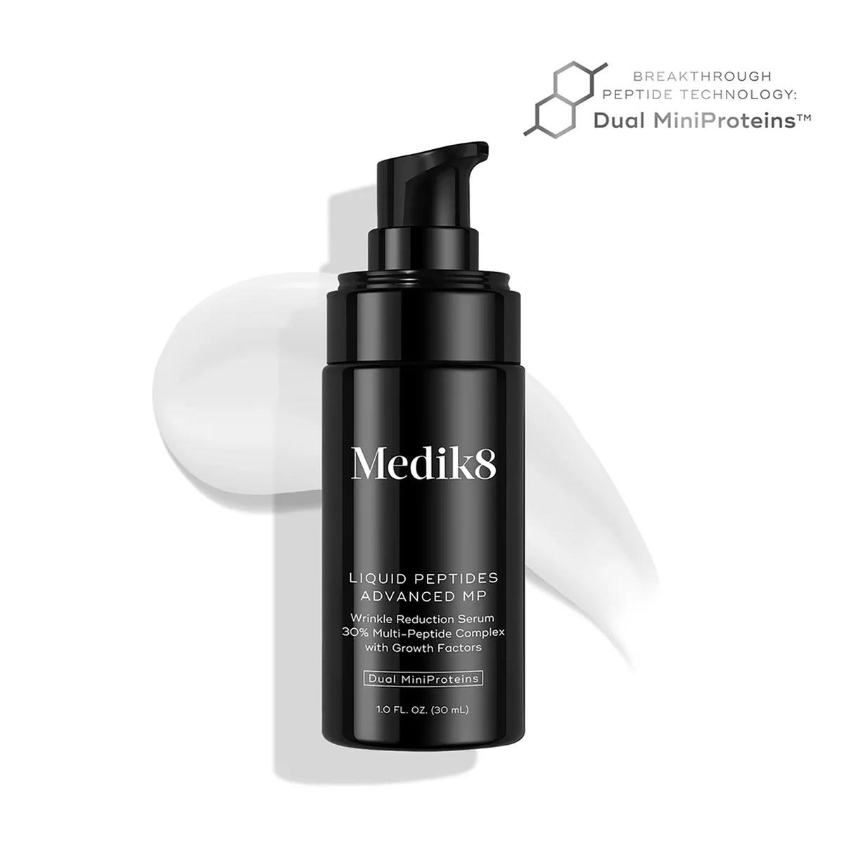 medik8 Liquid Peptides dropper with serum texture highlights lightweight hydration benefit for layering