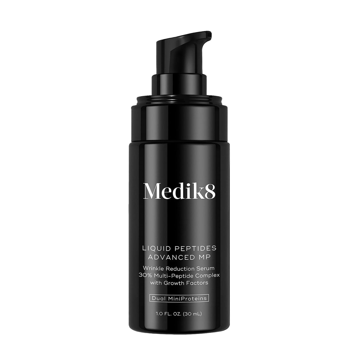 medik8 Liquid Peptides front packaging shows clinical potency and modern design benefit: clear potency cue