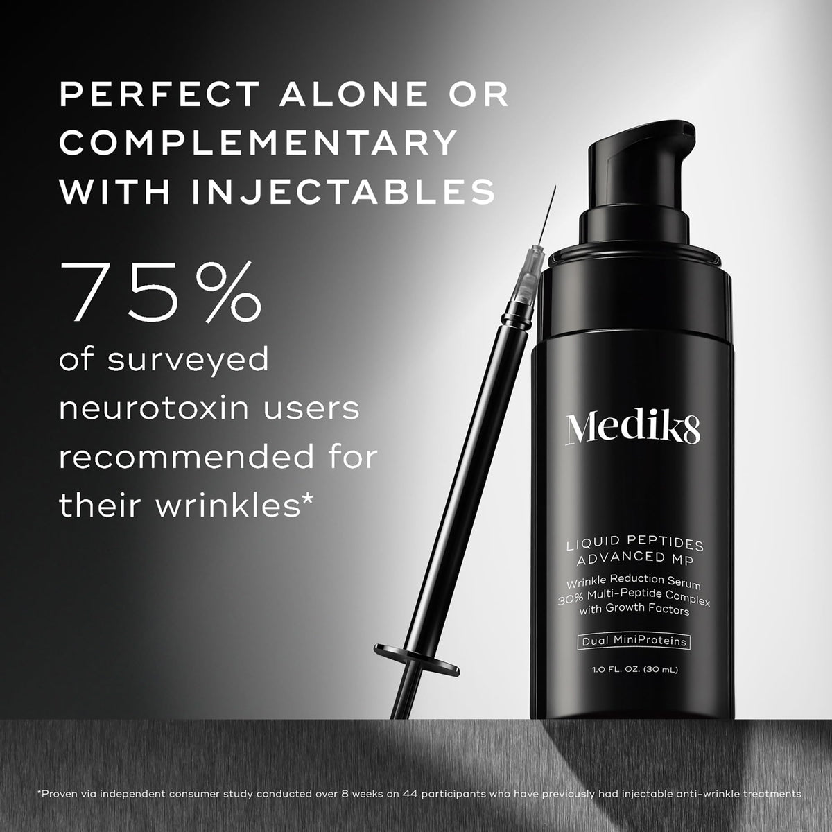 medik8 Liquid Peptides ingredient visual with peptide motifs emphasizes advanced peptide technology benefit