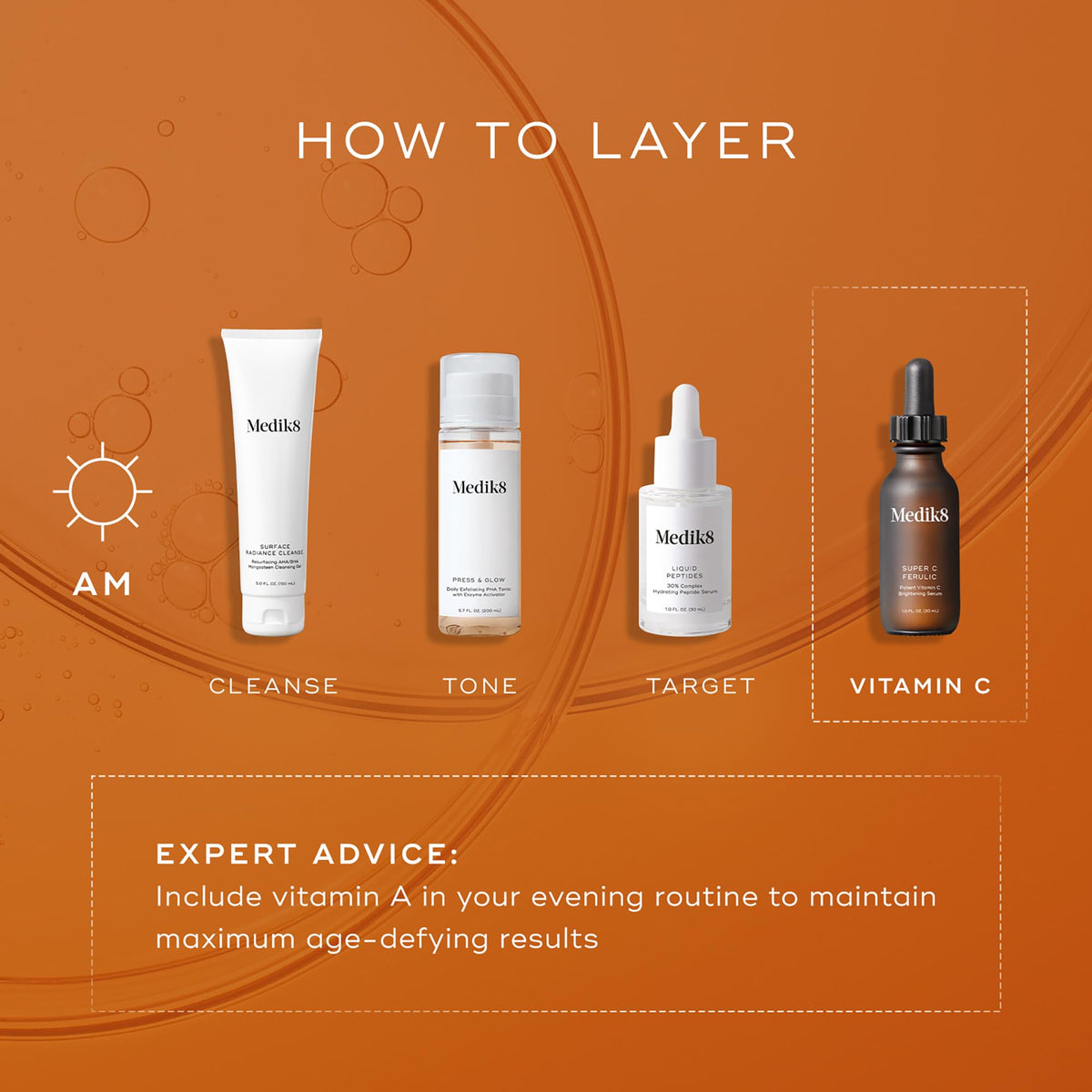 medik8 Super C Ferulic on bathroom shelf in skincare routine setting, demonstrating daily use benefit