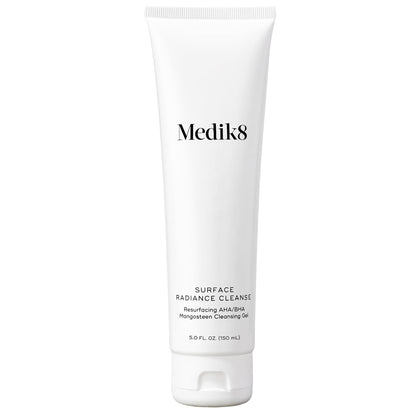 Medik8 front packaging of Surface Radiance Cleanse showing bottle and branding, highlights formula clarity