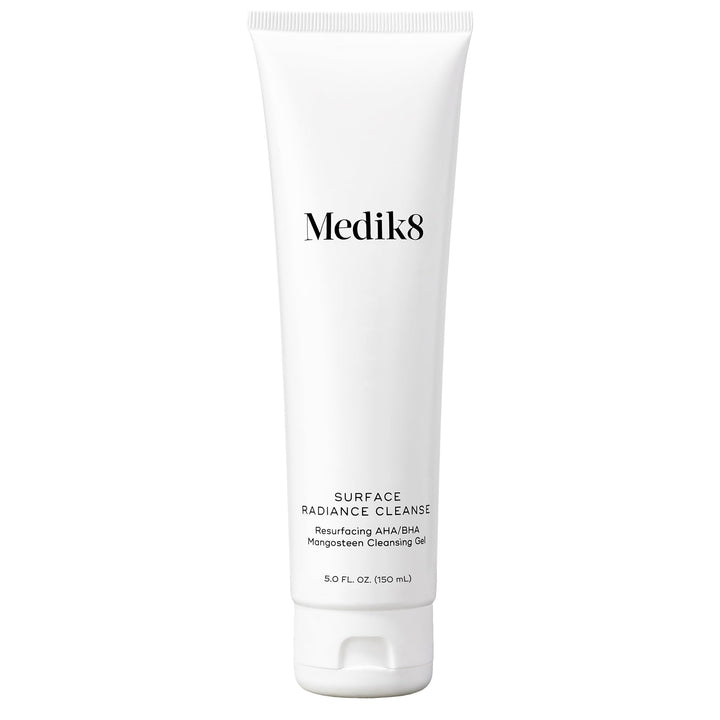 Medik8 front packaging of Surface Radiance Cleanse showing bottle and branding, highlights formula clarity