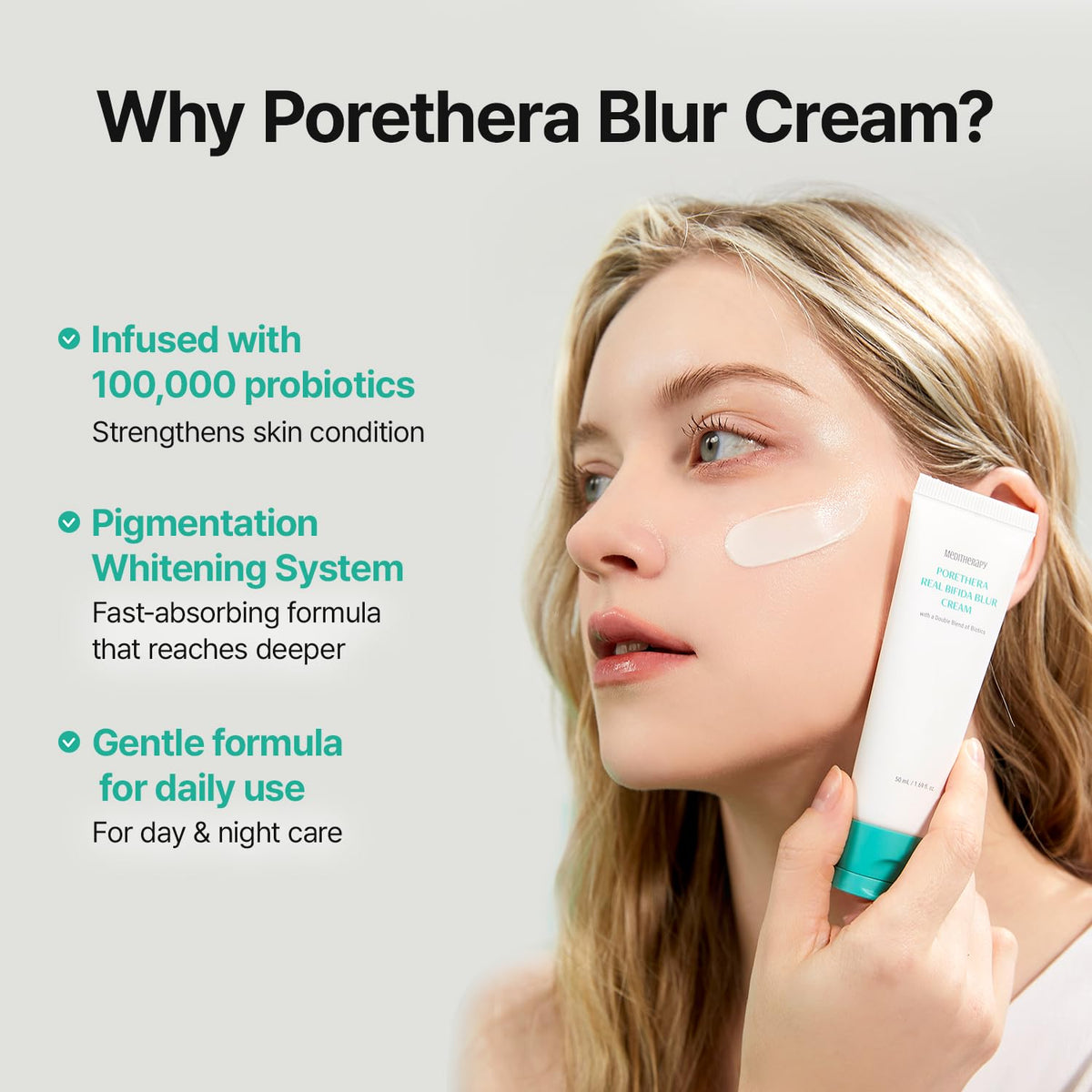 MEDITHERAPY applying cream to cheek illustrating fast absorption and matte finish