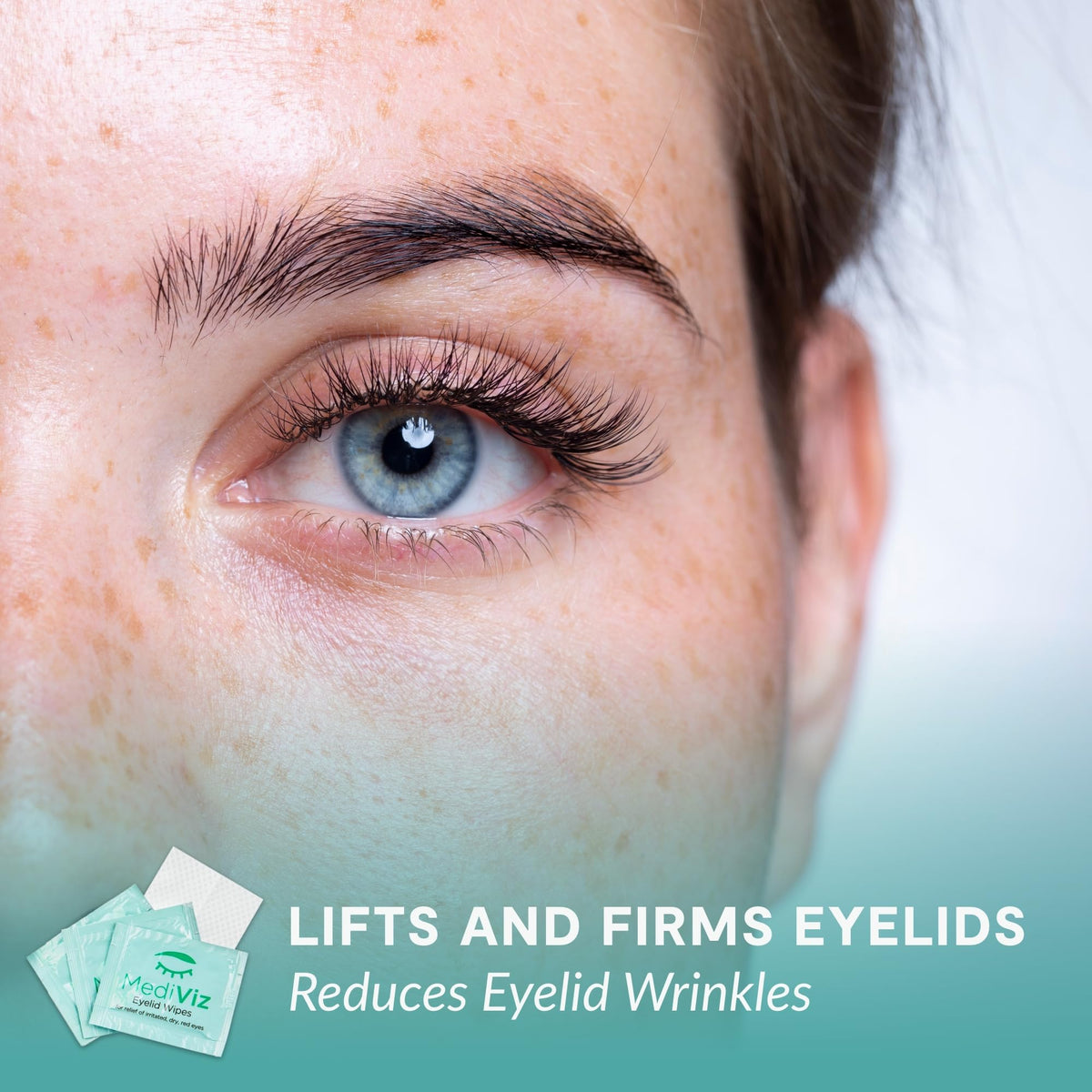 MEDIVIZ wipe being applied to eyelid demonstrating debris removal benefit