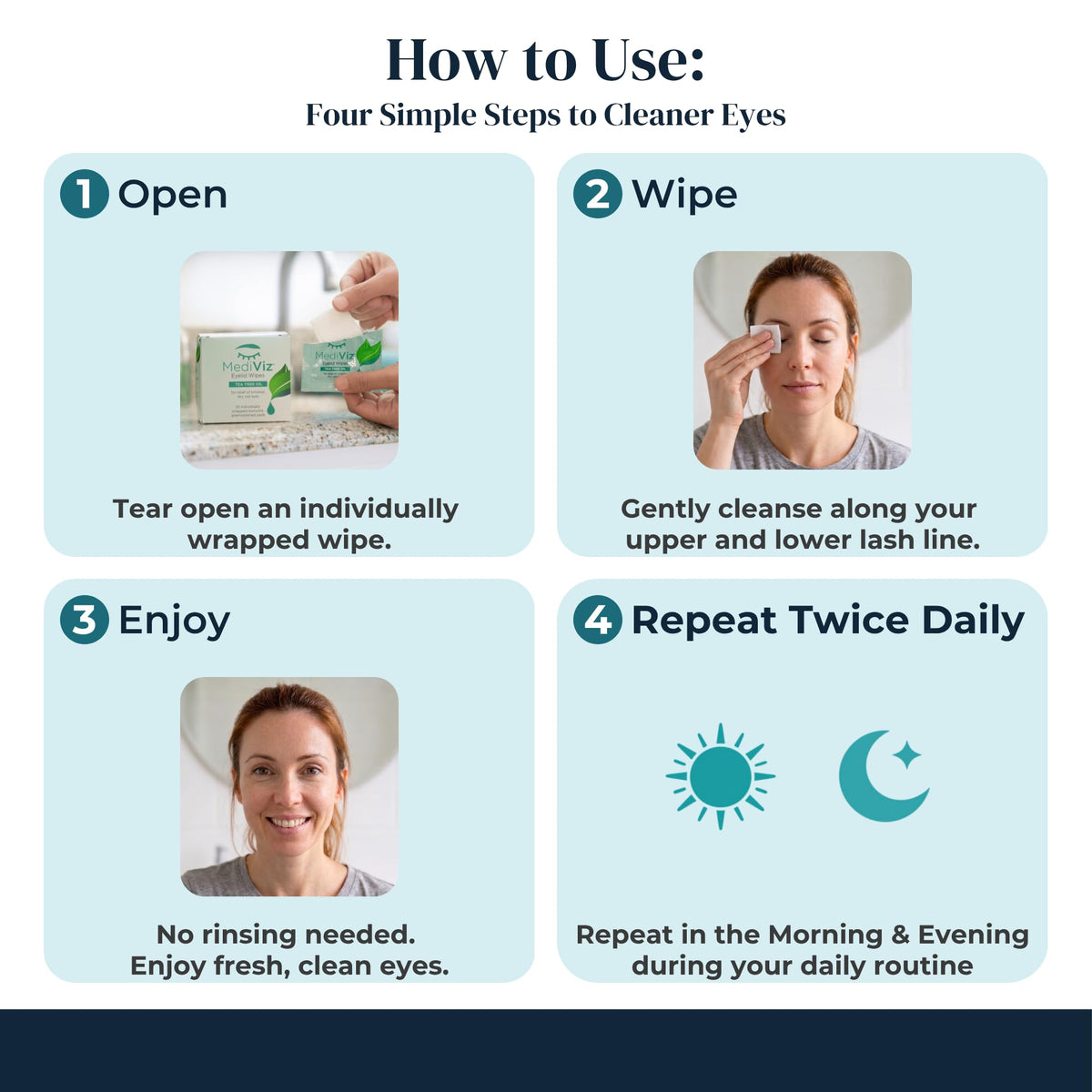 MEDIVIZ wipe being used along lashline to remove makeup and debris effectively