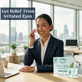 MEDIVIZ wipe held in hand for scale showing compact single-use packaging benefit