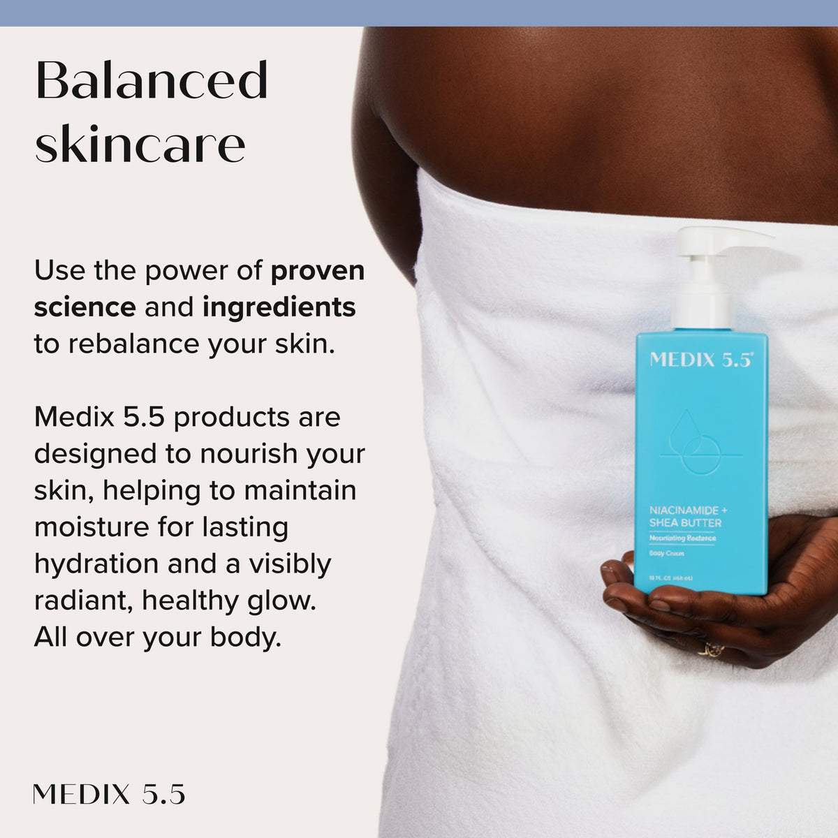 Medix 5.5 lotion on leg showing long-lasting body hydration benefit