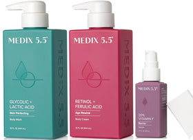 Medix 5.5 front packaging showing the three-piece anti-aging set and benefits