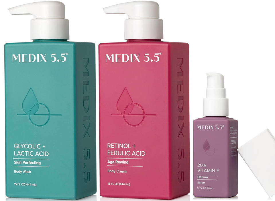 Medix 5.5 front packaging showing the three-piece anti-aging set and benefits