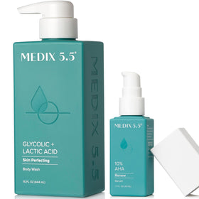 Medix 5.5 front packaging showing both AHA body wash and 10% glycolic serum, promotes smoother skin