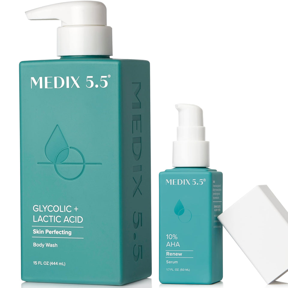 Medix 5.5 front packaging showing both AHA body wash and 10% glycolic serum, promotes smoother skin