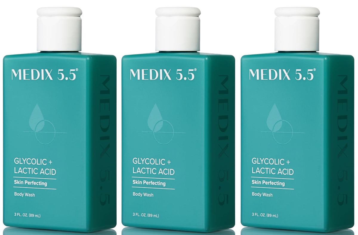 Medix 5.5 front packaging showing three travel bottles, clear and travel-ready benefit