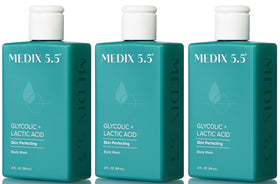 Medix 5.5 front packaging showing three travel bottles, clear and travel-ready benefit