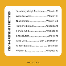 Medix 5.5 ingredients label highlighting Vitamin C, niacinamide, and botanicals