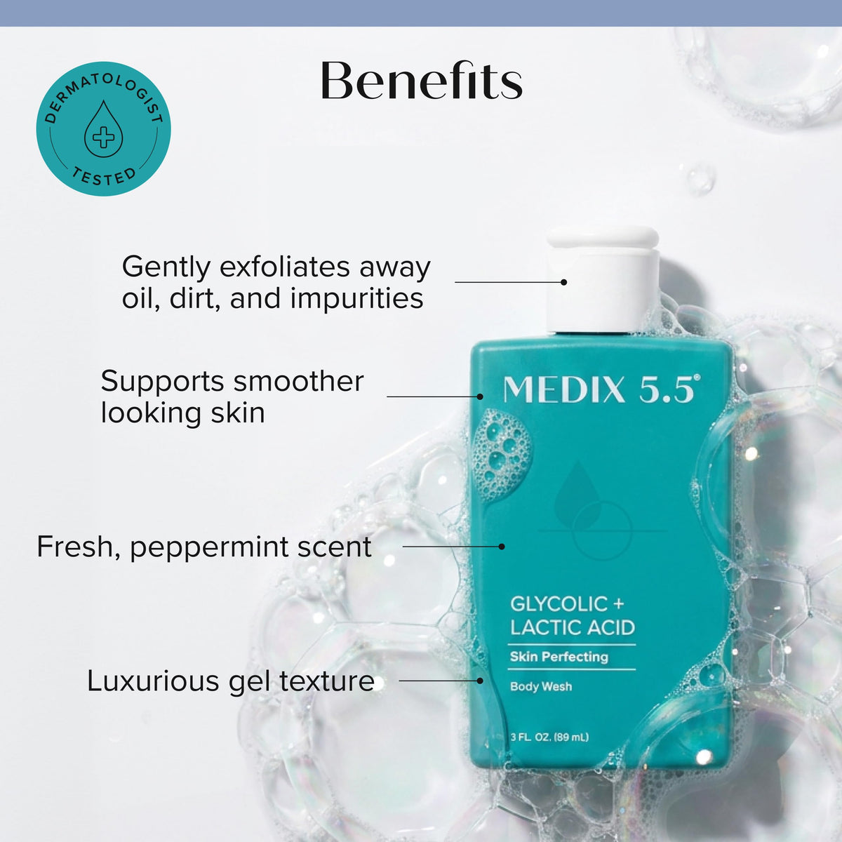 Medix 5.5 gel texture on fingertip showing foaming consistency for gentle exfoliation