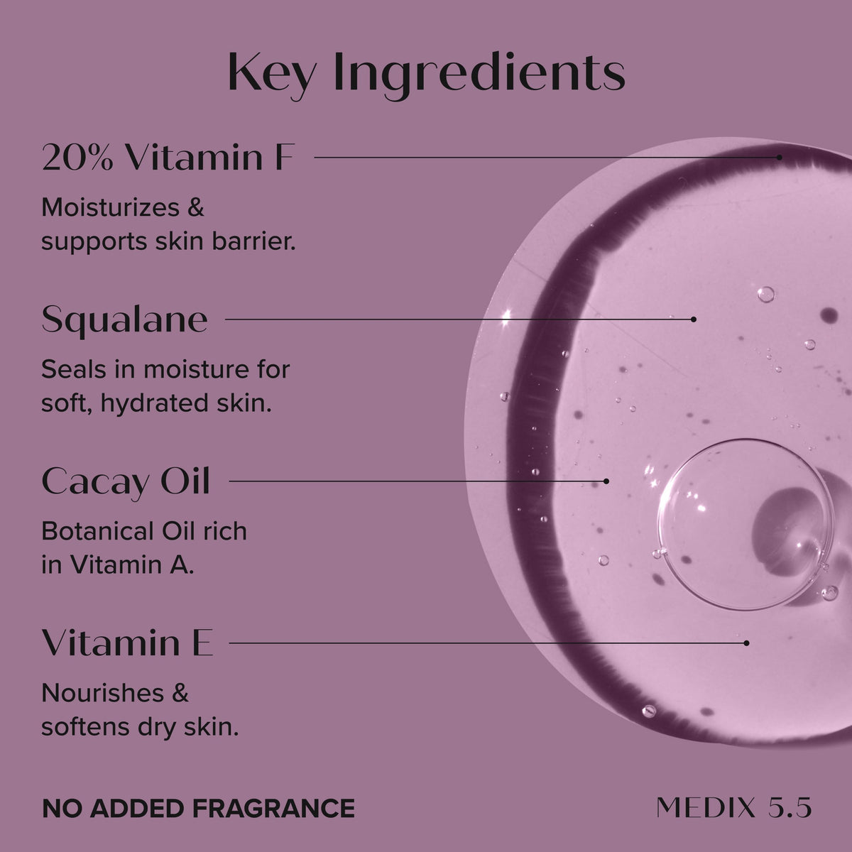 Medix 5.5 Vitamin F oil in palm showing nourishment and moisture retention