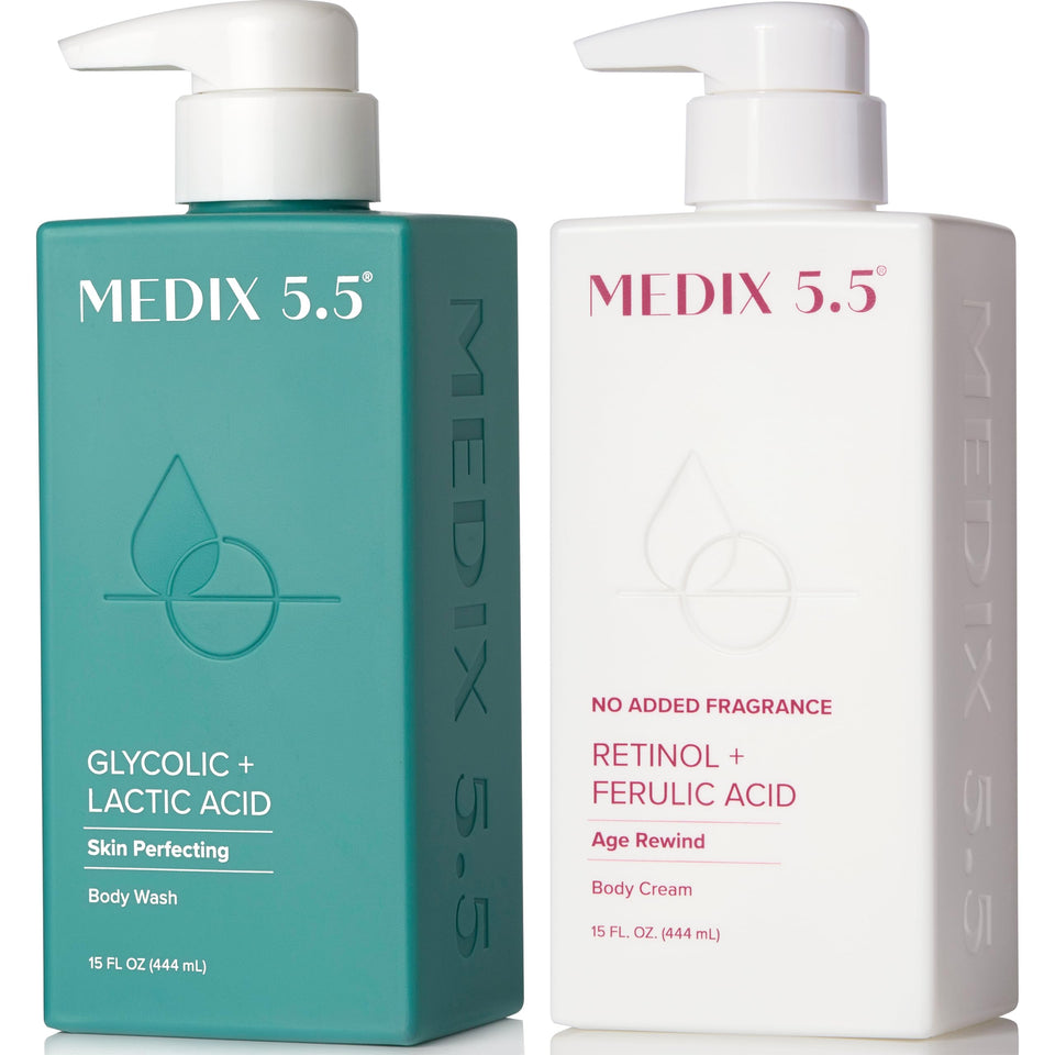 Medix 5.5 front packaging showing the full exfoliating wash and retinol lotion set benefits