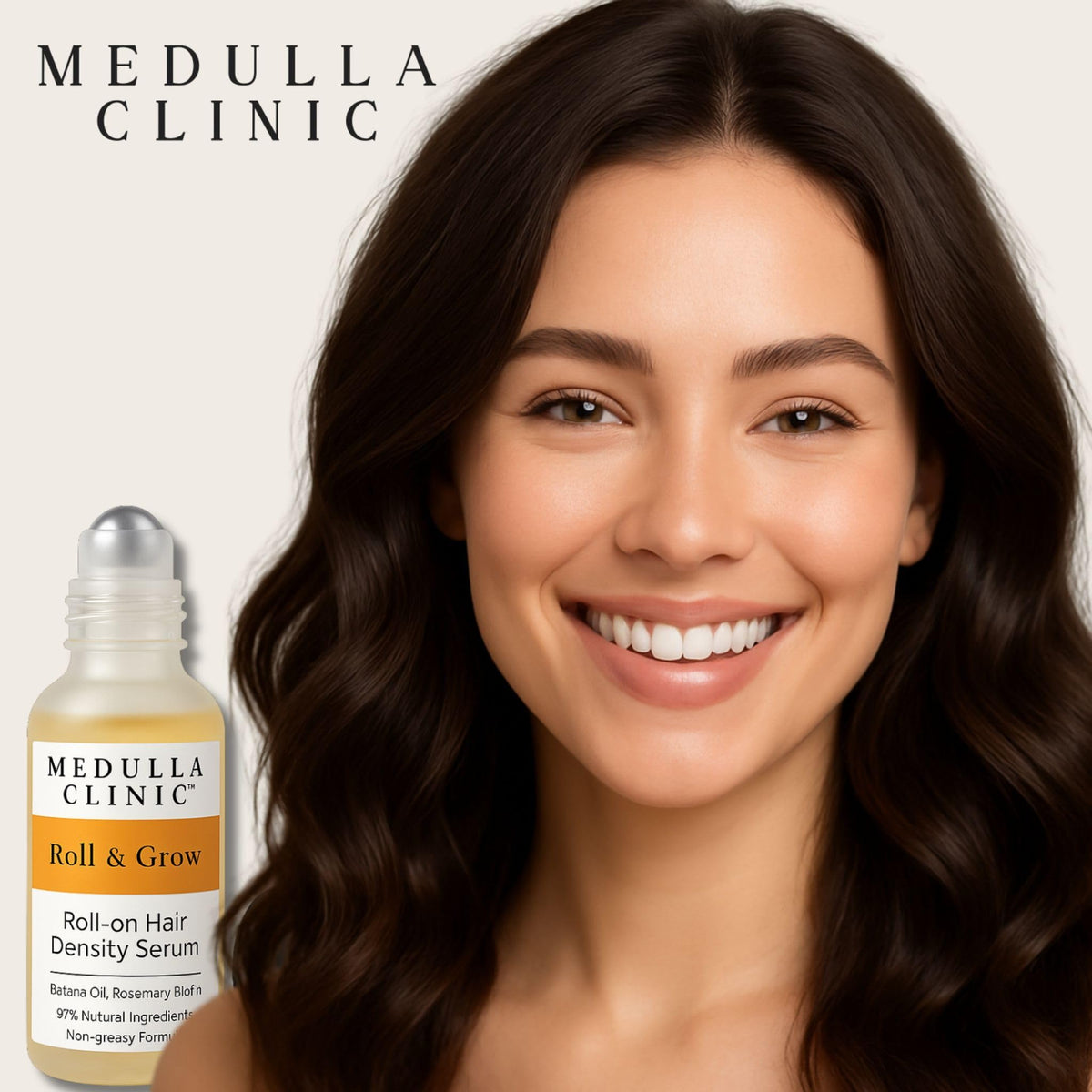 Medulla Clinic bottle and box flatlay conveying premium presentation