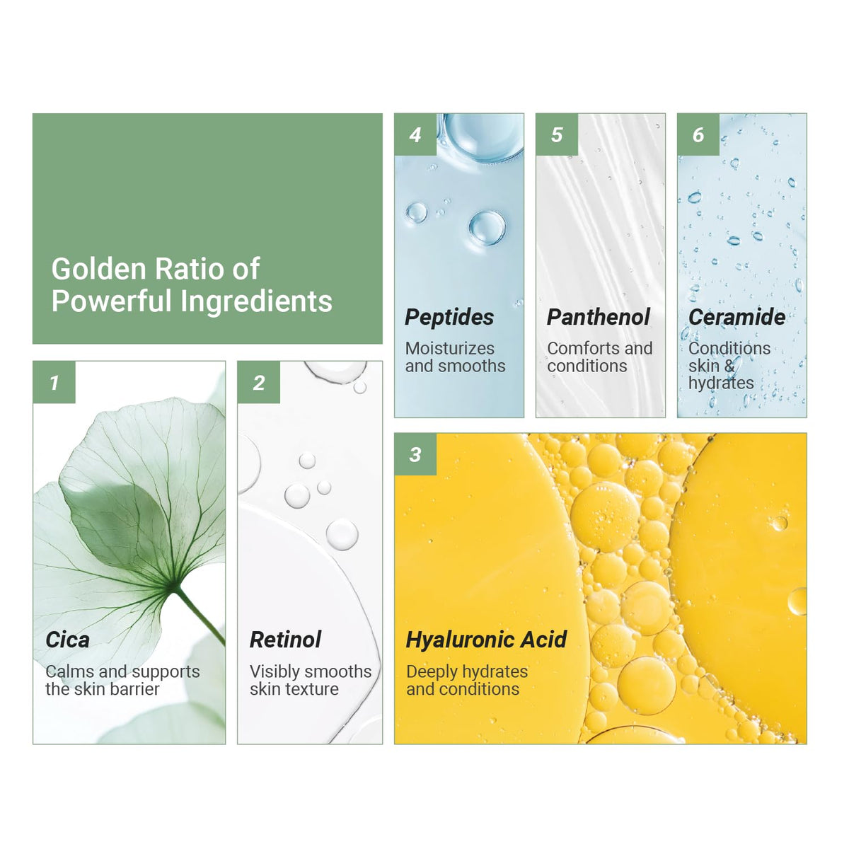 Meebak ingredient label highlighting centella, niacinamide, peptides for clarity