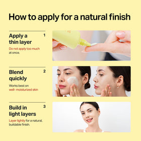 Meebak color change from green to beige demonstrating redness neutralizing benefit