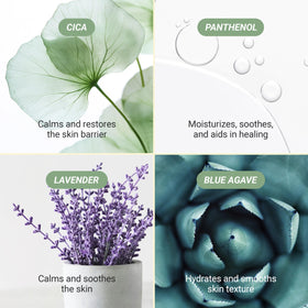 Meebak ingredients label closeup highlighting Cica and lavender soothing benefits
