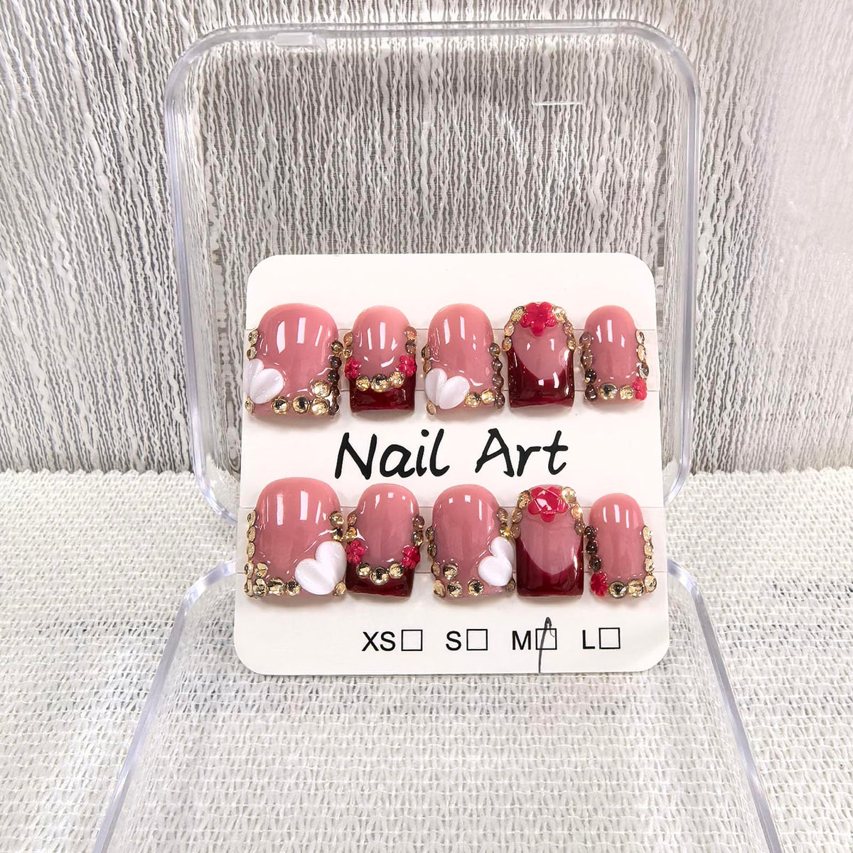 meemooron front packaging showing 10 glossy red french tip nails and flowers, convenient ready-to-wear