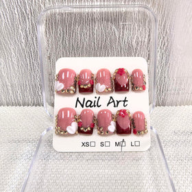 meemooron front packaging showing 10 glossy red french tip nails and flowers, convenient ready-to-wear