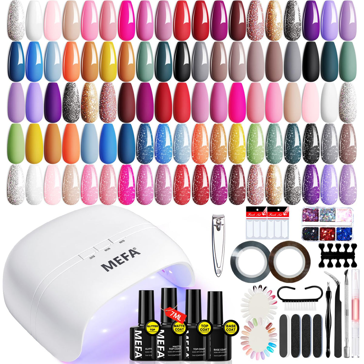 MEFA front packaging showing the full 60-piece kit and variety of colors for convenient home manicures