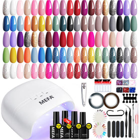 MEFA front packaging showing the full 60-piece kit and variety of colors for convenient home manicures