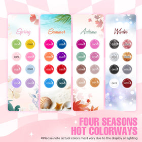 MEFA array of 32 gel polish bottles laid out to display seasonal color range and creative options