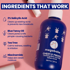 Megababe Chest-o Presto label close-up highlighting ingredients and usage benefits